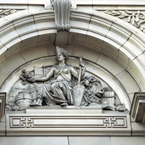 Close up of the portico on the facade of the Free Trade Hall building in Peter Street