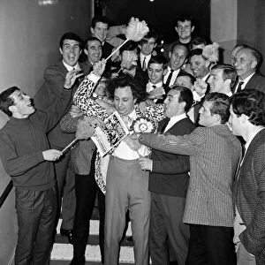 Comedian Ken Dodd is pictured with Liverpool footballers. 30th April 1965