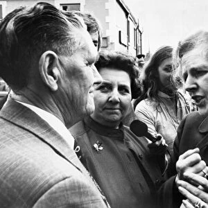 Conservative Party leader Margaret Thatcher chats to local people during a visit to