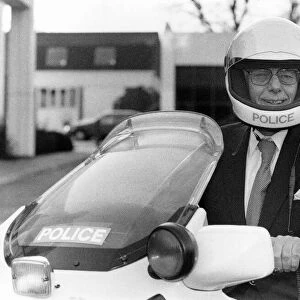 Denis Thatcher on Police motorcycle with crash helmet 1990