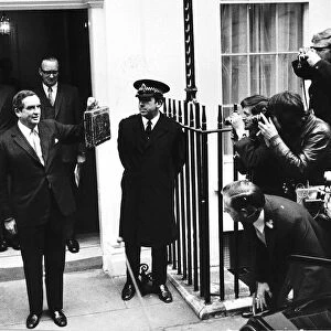 Dennis Healey Chancellor of the Exchequer leaving Number 11 Downing Street to give his