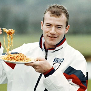 England footballer Alan Shearer with a plate of spaghetti ahead of England