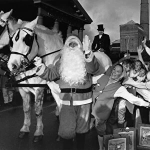 Father Christmas accompanied by Snow White and the seven dwarfs, a pantomime horse