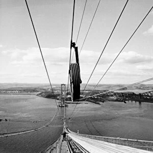 Forth Road Bridge construction June 1962 Wires being strung across workman walking