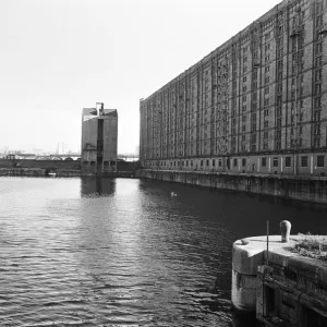 General view at Stanley Dock in Liverpool, showing the Hartley Warehouse building (left