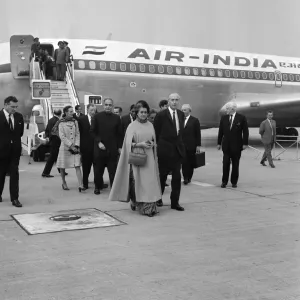 Indian Prime Minister Mrs Indira Gandhi seen here being greeted by Foreign Secretary Sir