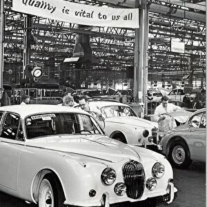 Jaguar Cars factory, Browns Lane, Coventry. The banner above the track reads