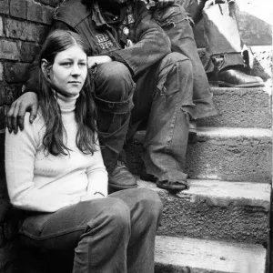 Jean Scott with two members of the Hells Angels who had squatted in a Bensham house in