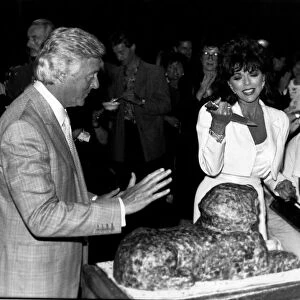 Joan Collins Actress frowning at cutting the cake in the shape of a Sphinx