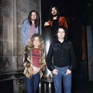 Led Zeppelin rock band pose for a group photograph, circa 1972