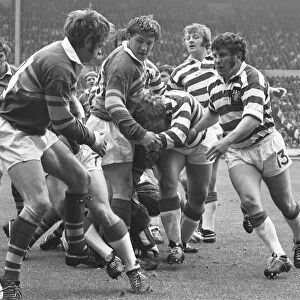 Leeds try to stem the Leigh attack on their try line during the Rugby League Cup Final at