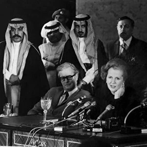 Margaret Thatcher with Douglas Hurd and Bernard Ingham at press conference in Riyadh