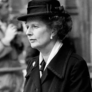 Margaret Thatcher leaving memorial service looking serious - January 1984