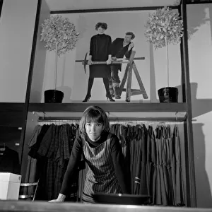 Mary Quant, clothes designer, standing inside her shop Bazaar