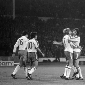 Mick Channon celebrates after scoring October 1974 for England v