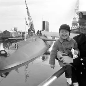 Black and white print of a Polaris submarine commissioning ceremony Black and white print of a Polaris submarine commissioning ceremony