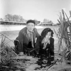 Black and white photograph print of Cyd Hayman in the river during filming Black and white photograph print of Cyd Hayman in the river during filming