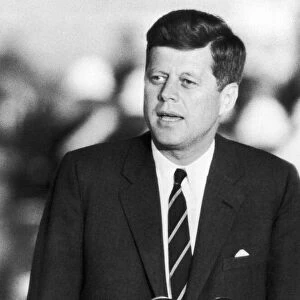 US President John F Kennedy speaking at London airport at start of state visit to