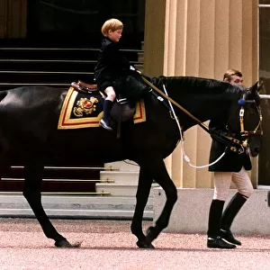 Prince Harry astride a horse being lead by a groom