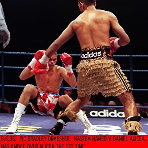 Prince Naseem Hamed boxer and WBO featherweight champion knocks over Daniel Alicea of