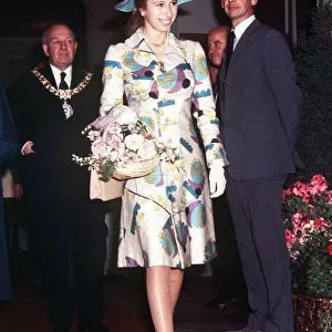 Princess Anne in Edinburgh in June 1973 wearing floral coat