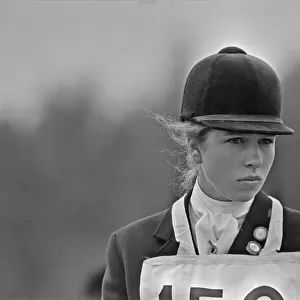 Princess Anne, The Princess Royal, competing in a showjumping event t Windsor Great Park