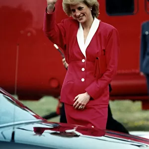 Princess Diana the Princess of Wales arrives in Bristol by helicopter to visit Ham Green