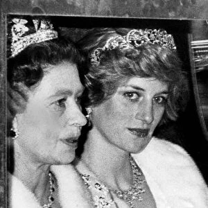 Princess Diana and the Queen in carriage going to State Opening of Parliament - November