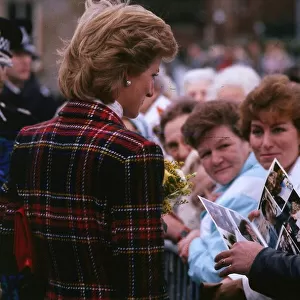 Princess Diana talking to crowds on a walkabout during a visit to Prestwick, Scotland