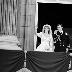Sarah Ferguson marries Prince Andrew. The couple pictured after the wedding