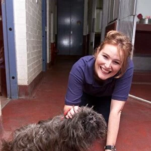 Shauna Lowry TV Presenter October 1999 with Stimpy the dog at Battersea Dogs Home