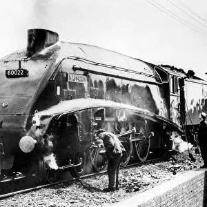 Simmering in a shed yard, No. 60022 Mallard gets a check from its crew in March 1965