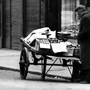 A street trader with his barrow on the streets of Newcastle on 5th April 1966