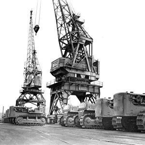 Strike bound tractors and cranes at Newcastle Quayside in 1970