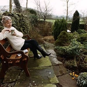 Thelma Barlow actress Mavis in Coronation Street taking a break from gardening at home