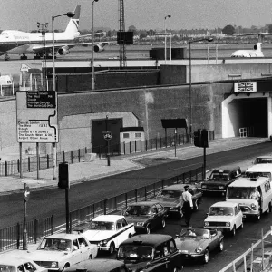 Traffic jam at London Heathrow airport at the tunnel leading into airport