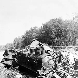 A train derailed by S. O. E. in France during WW2. 1944