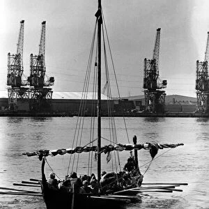 A Viking long ship miakes it way up the river Tyne on 21st July 1980
