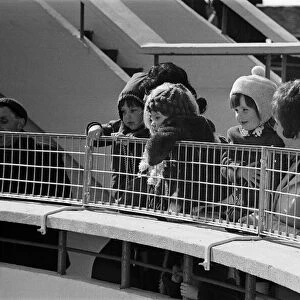 Visitors to Dudley Zoo, looking at the polar bears, West Midlands. 10th April 1973