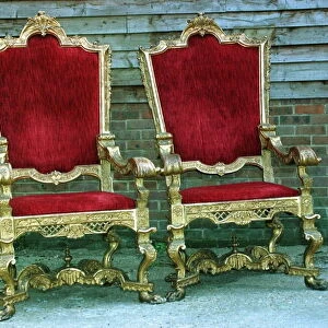 Wedding throne chairs for the Beckham wedding in July 1999 outside storage barn