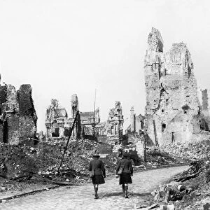 World War I - Remains of the Hotel de Ville Arras May 1917 two soldiers walking