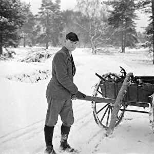 A young lumberjack at work in the snow Circa 1943