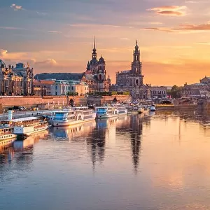 Dresden, Germany. Cityscape image of Dresden, Germany with reflection of the city in the Elbe river, during sunset