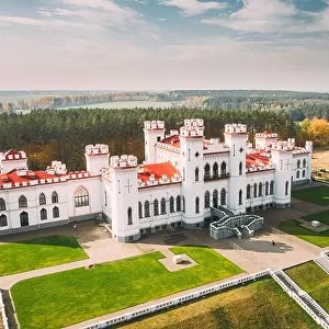 Kosava, Belarus. Aerial Bird's-eye View Of Famous Popular Historic Landmark Kosava Castle. Puslowski Palace Castle. Landmark And Heritage