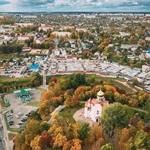 Mahiliou, Belarus. Mogilev Cityscape With Temple of the Holy Royal Martyrs and New Martyrs and Confessors of the 20th Century. Aerial View Of Skyline