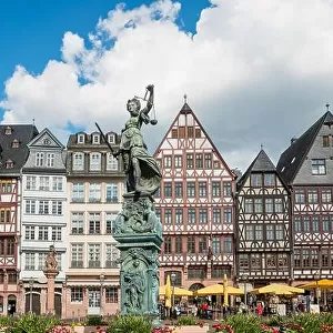 Old town with the Justitia statue in Frankfurt, Germany