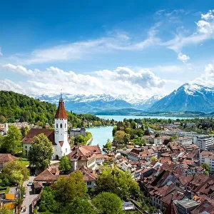 Panorama of Thun city in the canton of Bern with Alps and Thunersee lake, Switzerland