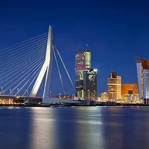 Rotterdam Panorama. Panoramic image of Rotterdam, Netherlands during twilight blue hour