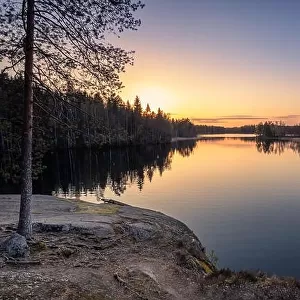 Scenic landscape with sunset, peaceful lake and tree roots at calm spring evening in Finland