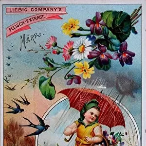 Series months, March and April, little boy standing in the rain with umbrella, April weather